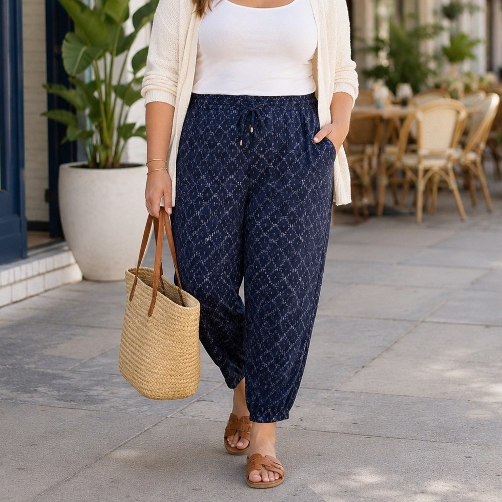 Old Navy Plus Navy Printed Pull On Casual Pants Drawstring Lightweight Plus Size